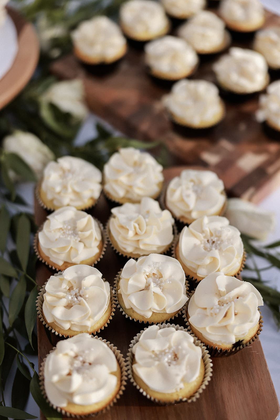 White swirl cupcakes with sugar pearls
