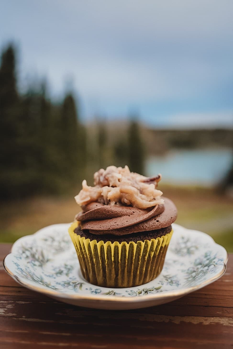 Chocolate cupcake on a vintage plate by an Alaska lake