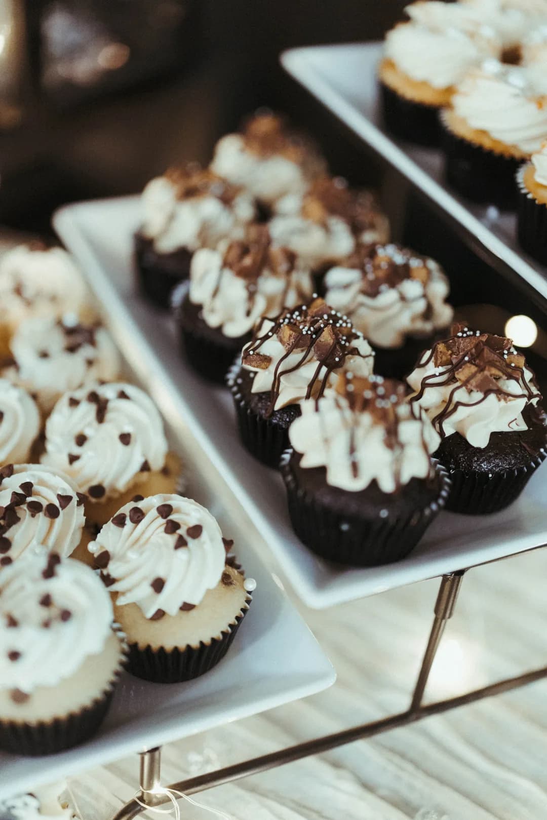Chocolate cupcakes with white buttercream swirls