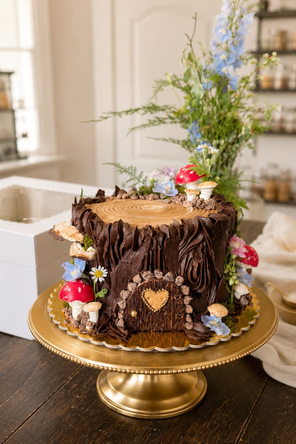 Chocolate tree-stump cake with mushrooms and a heart door