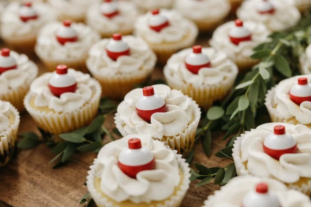 Vanilla cupcakes with fishing bobber toppers