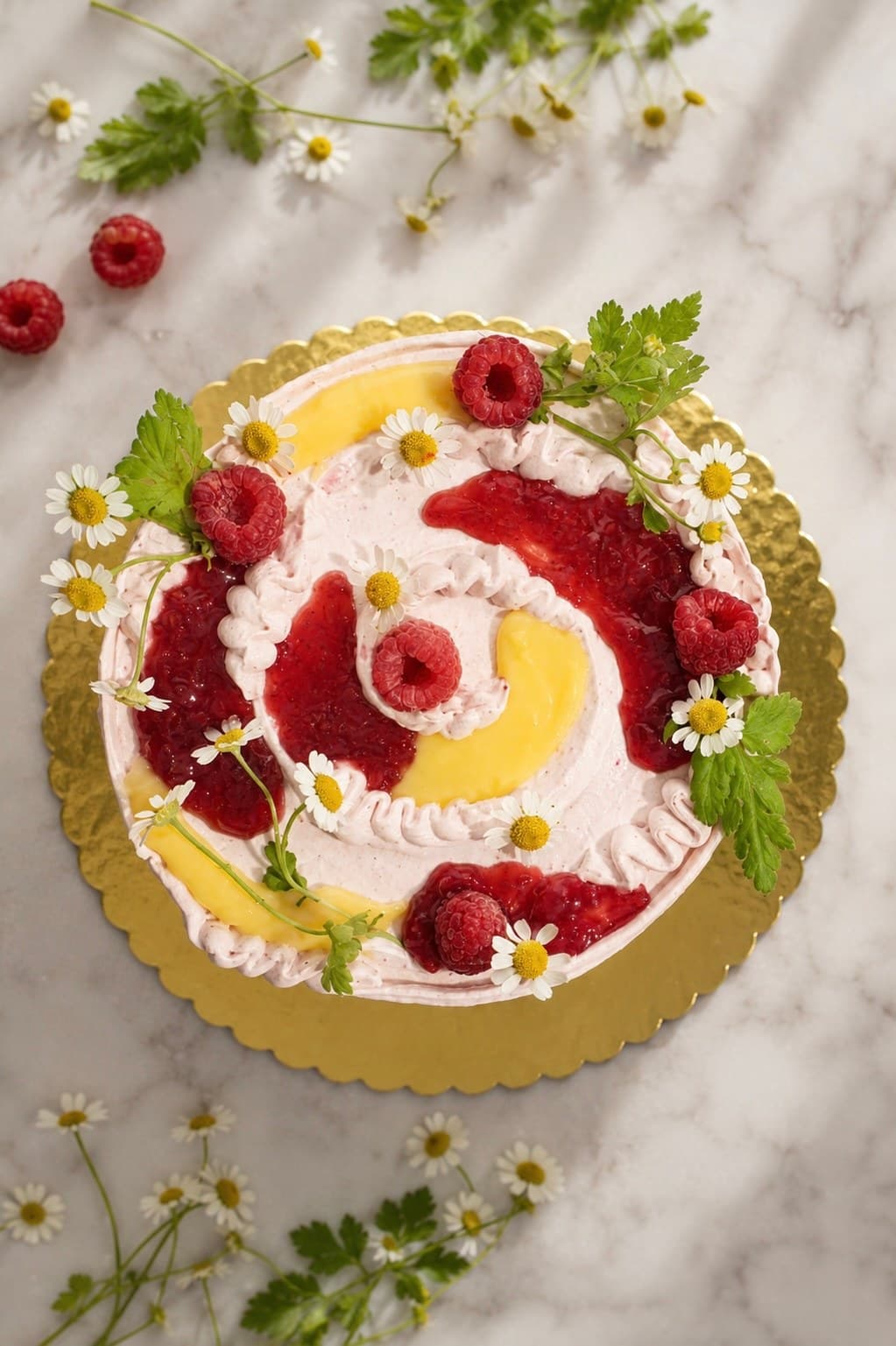 Raspberry and lemon cake with fresh raspberries and chamomile