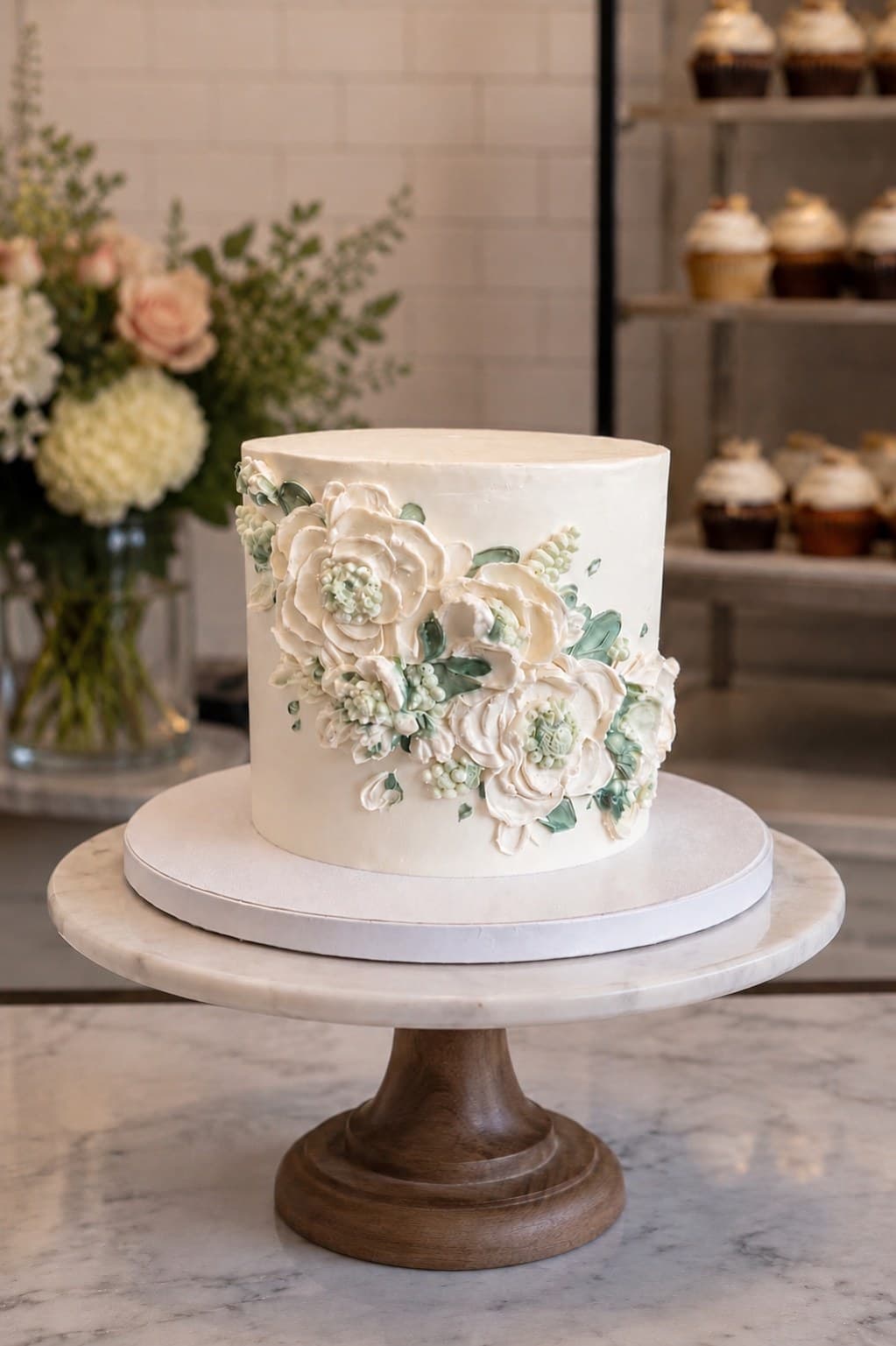Ivory wedding cake covered in piped buttercream flowers
