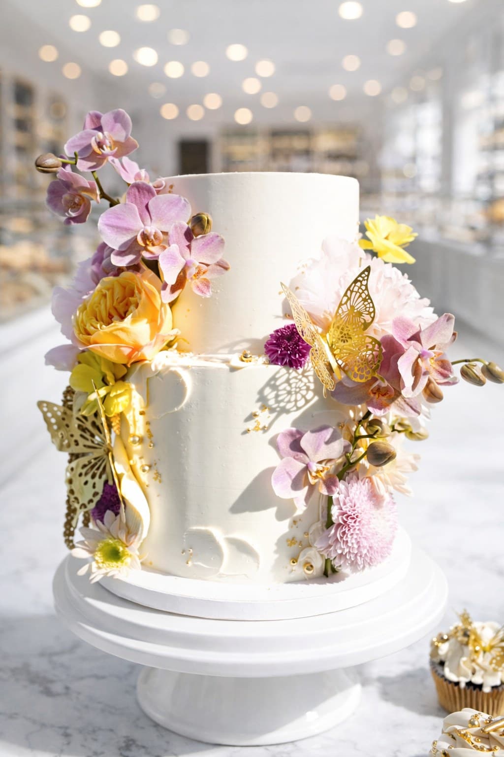 Two-tier white wedding cake with orchids and gold butterflies