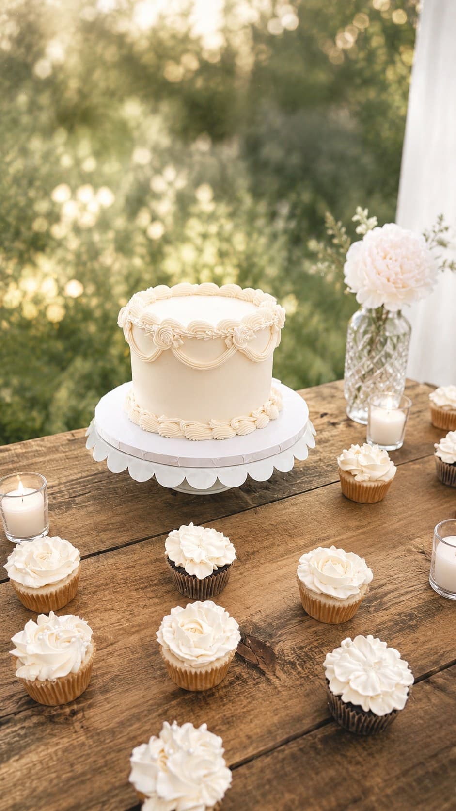 Vintage-piped ivory cake with scalloped stand and cupcakes