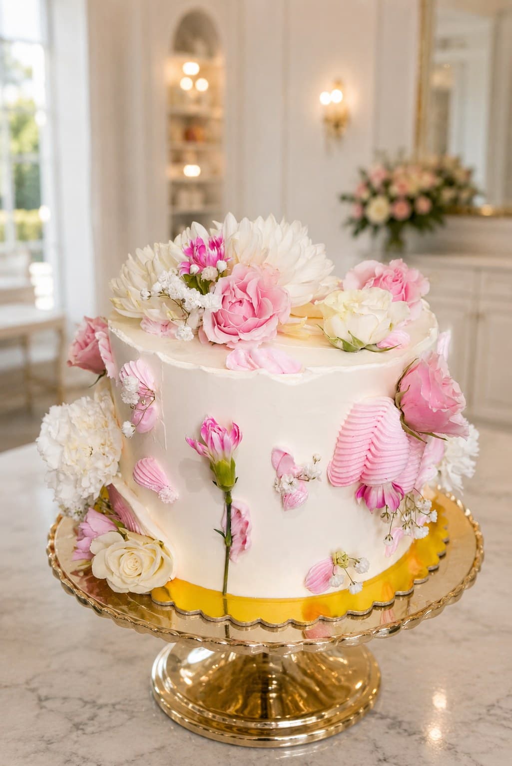 White buttercream cake with fresh pink carnations and hand-piped petals
